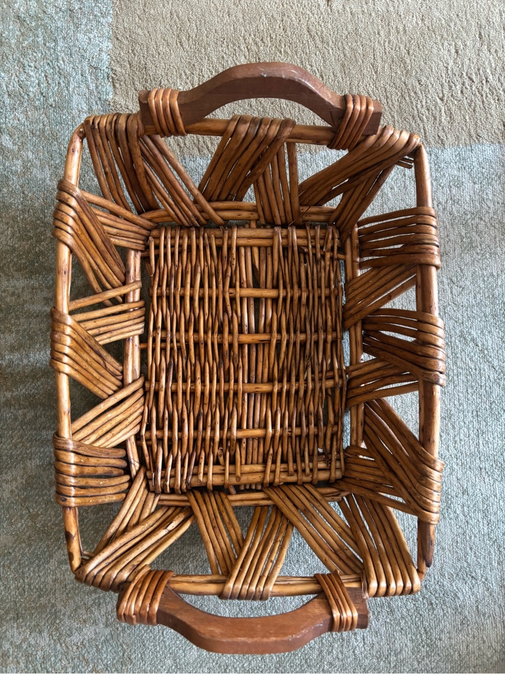 Woven Wicker Rattan Basket Wood Handles Geometric Open Weave Boho Decor